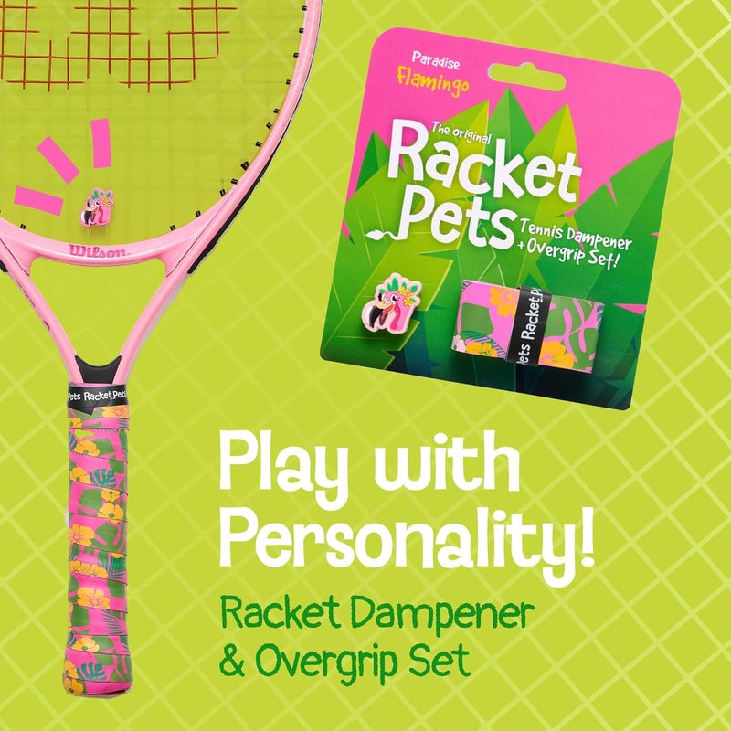 Racket Pets Kids Tennis Racket Dampener & Matching Overgrip Tape, Performance Shock Absorbing Dampener for Tennis Racket & Fun Animal Print Tennis Wrap Grip Tape (Flamingo) - Image 2